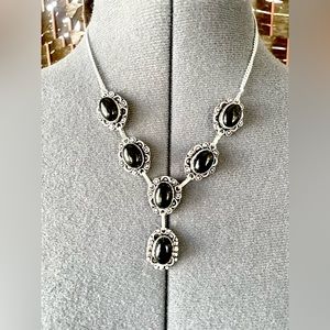 😵 Onyx black obsidian pendant necklace set Victorian gothic vampire choker 925
